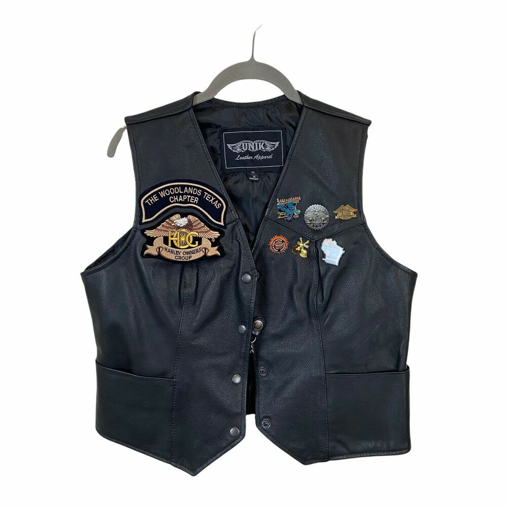 Biker Vest Jacket Unik Womens Black Leather Woodland Texas Harley Collector Pins